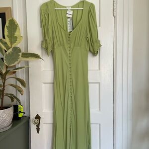 Ost Green Buttoned Puff Sleeve Sundress
